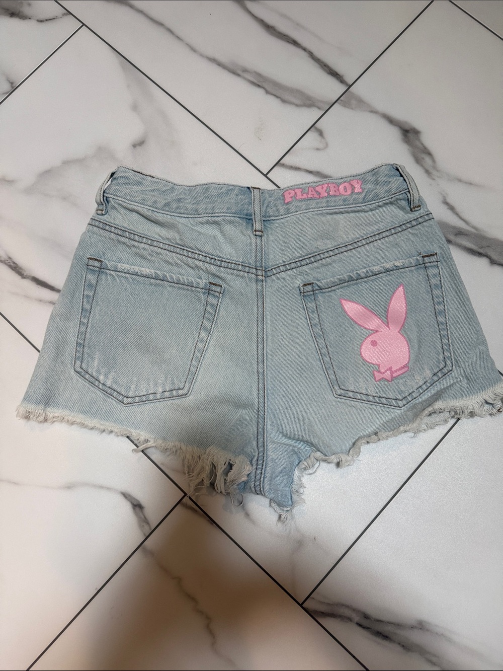 PLAYBOY Light Blue Denim Shorts with Pink Bunny Patch